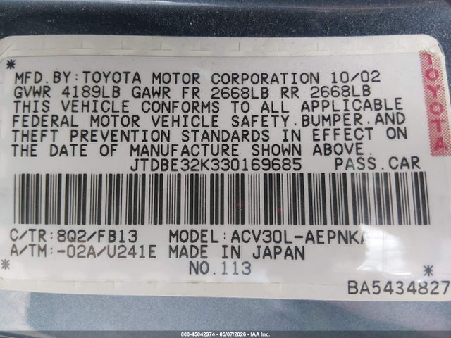 Aukcja sprzedaży 2003 Toyota Camry Le, vin: JTDBE32K330169685, numer aukcji: 45042974