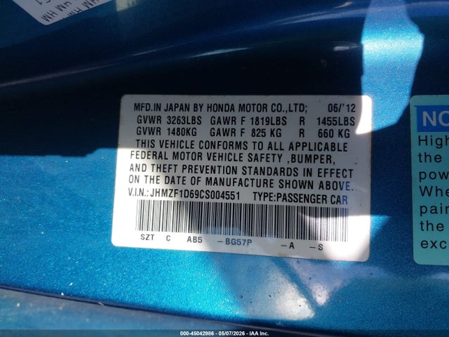 45042986 :رقم المزاد ، JHMZF1D69CS004551 vin ، 2012 Honda Cr-z Ex مزاد بيع