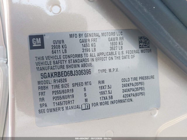 Продажа на аукционе авто 2011 Buick Enclave 1xl, vin: 5GAKRBED6BJ306396, номер лота: 45042987
