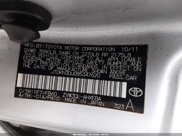 Aukcja sprzedaży 2011 Toyota Prius Three, vin: JTDKN3DU0B5347620, numer aukcji: 45043012