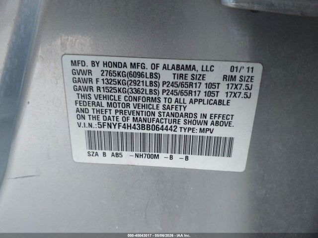 2011 Honda Pilot Ex მანქანა იყიდება აუქციონზე, vin: 5FNYF4H43BB064442, აუქციონის ნომერი: 45043017