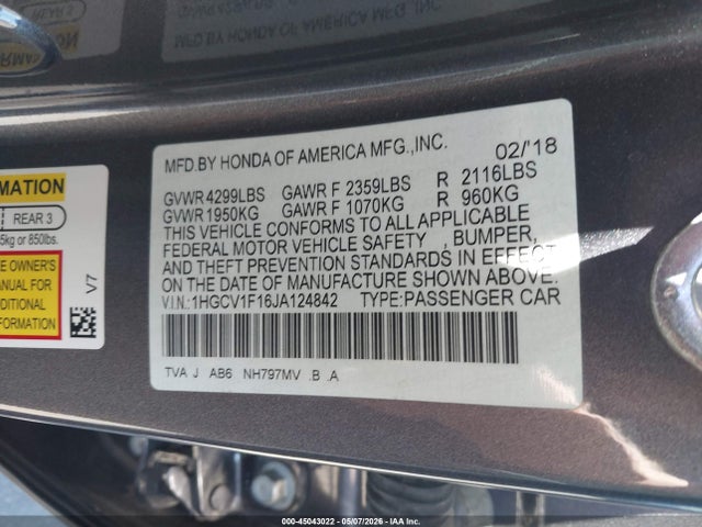 Продаж на аукціоні авто 2018 Honda Accord Lx, vin: 1HGCV1F16JA124842, номер лоту: 45043022