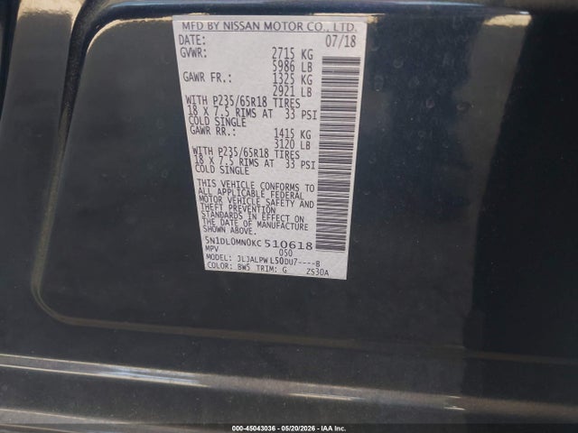45043036 :رقم المزاد ، 5N1DL0MN0KC510618 vin ، 2019 Infiniti Qx60 Pure مزاد بيع