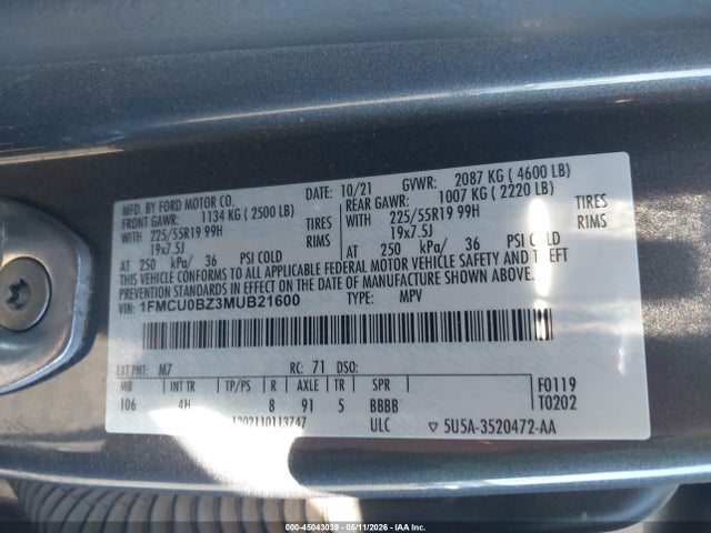 Продажа на аукционе авто 2021 Ford Escape Se Hybrid, vin: 1FMCU0BZ3MUB21600, номер лота: 45043039