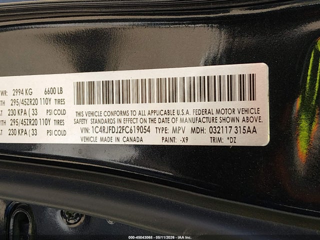 45043068 :رقم المزاد ، 1C4RJFDJ2FC619054 vin ، 2015 Jeep Grand Cherokee Srt مزاد بيع