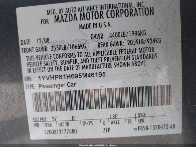 45043084 :رقم المزاد ، 1YVHP81H695M46195 vin ، 2009 Mazda Mazda6 I Sport مزاد بيع