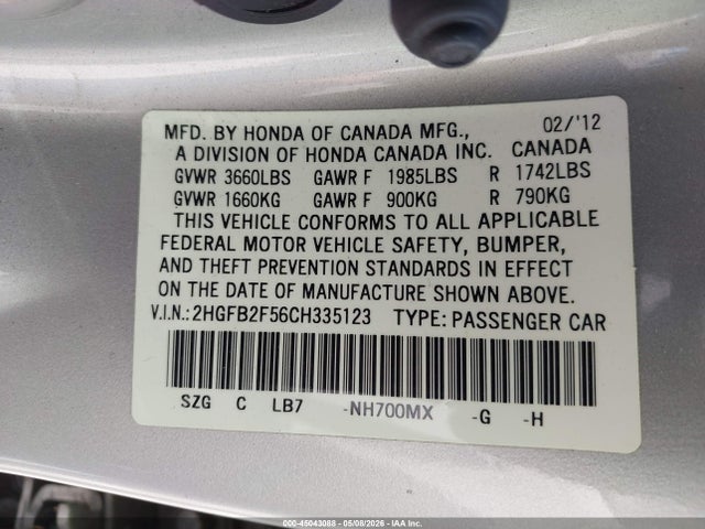 Aukcja sprzedaży 2012 Honda Civic Lx, vin: 2HGFB2F56CH335123, numer aukcji: 45043088