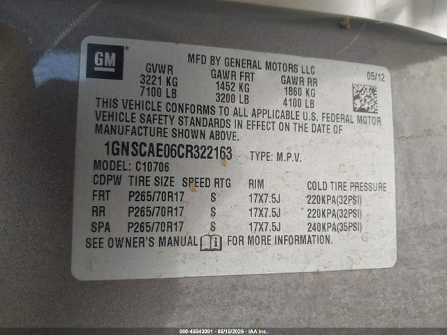 45043091 :رقم المزاد ، 1GNSCAE06CR322163 vin ، 2012 Chevrolet Tahoe Ls مزاد بيع