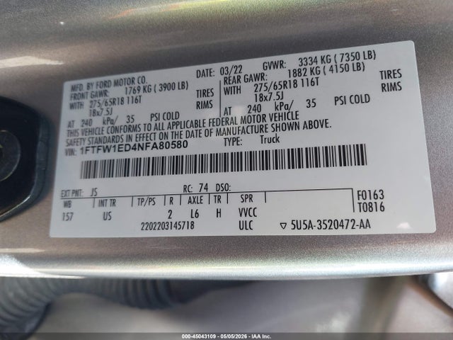 1FTFW1ED4NFA80580 Ford F-150 Xlt