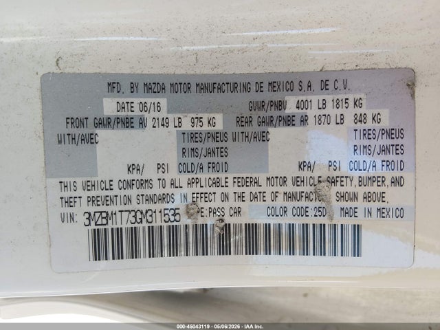 Продаж на аукціоні авто 2016 Mazda Mazda3 I Sport, vin: 3MZBM1T73GM311535, номер лоту: 45043119