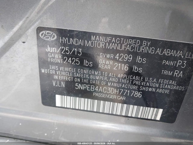 Продажа на аукционе авто 2013 Hyundai Sonata Gls, vin: 5NPEB4AC3DH771786, номер лота: 45043123