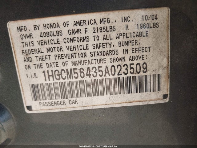 Aukcja sprzedaży 2005 Honda Accord 2.4 Lx, vin: 1HGCM56435A023509, numer aukcji: 45043131