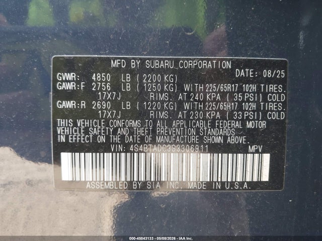 Продаж на аукціоні авто 2025 Subaru Outback Premium, vin: 4S4BTADC3S3306911, номер лоту: 45043133