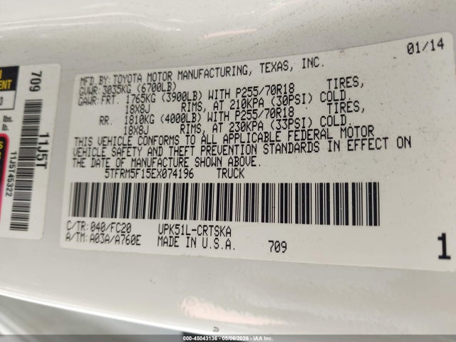 45043136 :رقم المزاد ، 5TFRM5F15EX074196 vin ، 2014 Toyota Tundra Sr5 4.6l V8 مزاد بيع