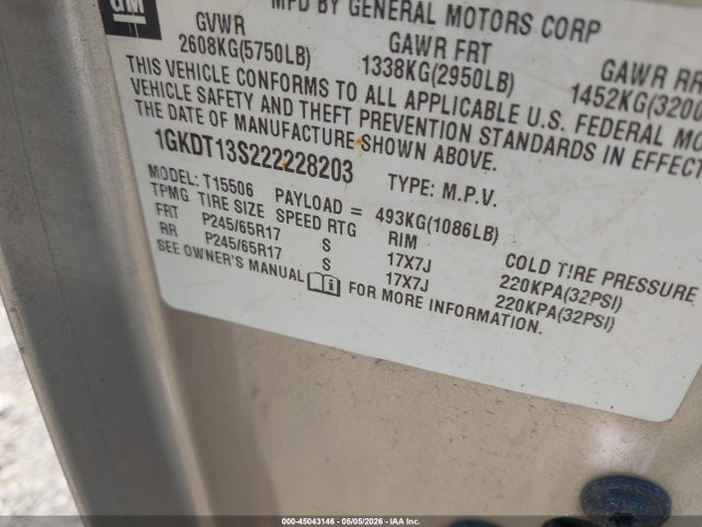 Продажа на аукционе авто 2002 Gmc Envoy Sle, vin: 1GKDT13S222228203, номер лота: 45043146