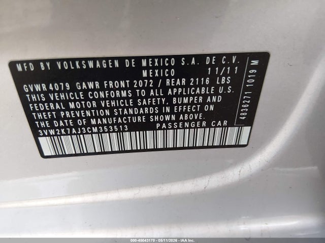 Aukcja sprzedaży 2012 Volkswagen Jetta 2.0l S, vin: 3VW2K7AJ3CM353513, numer aukcji: 45043170