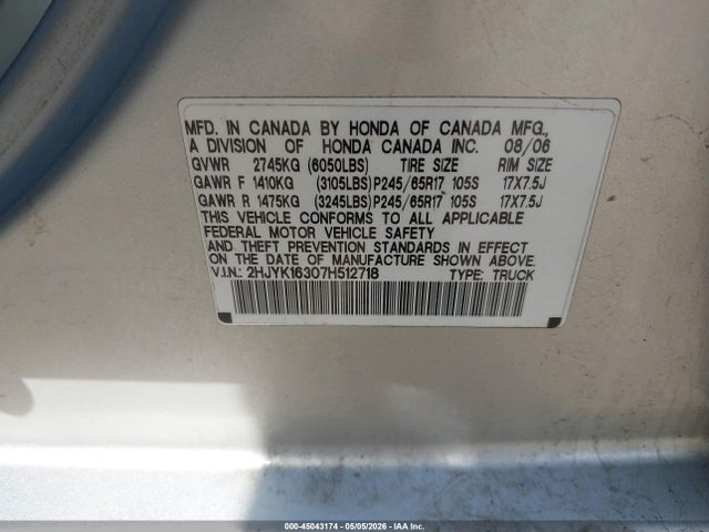 45043174 :رقم المزاد ، 2HJYK16307H512718 vin ، 2007 Honda Ridgeline Rtx مزاد بيع