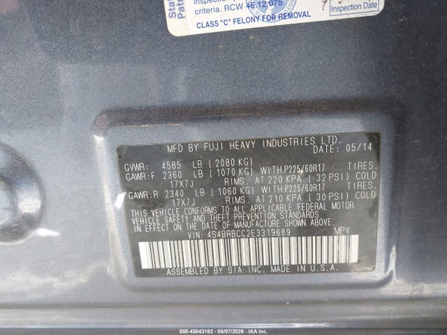 Продаж на аукціоні авто 2014 Subaru Outback 2.5i Premium, vin: 4S4BRBCC2E3319689, номер лоту: 45043182