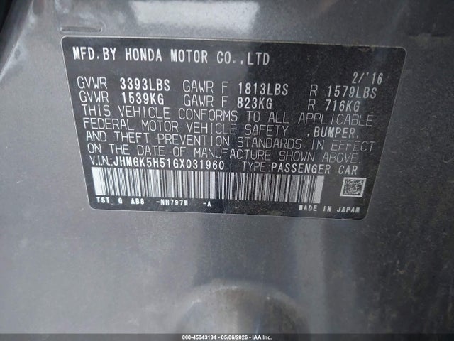 JHMGK5H51GX031960 Honda FIT LX