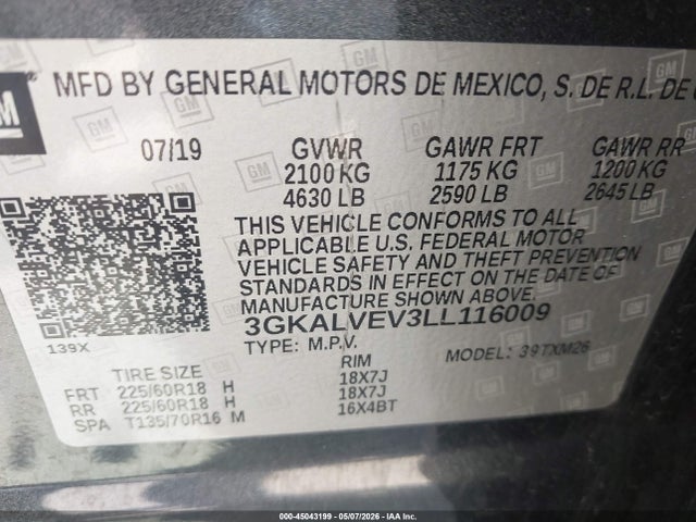 2020 Gmc Terrain Awd Slt მანქანა იყიდება აუქციონზე, vin: 3GKALVEV3LL116009, აუქციონის ნომერი: 45043199