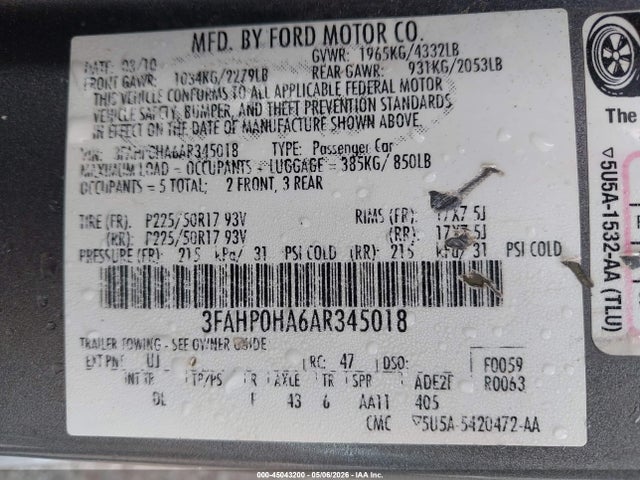 2010 Ford Fusion Se მანქანა იყიდება აუქციონზე, vin: 3FAHP0HA6AR345018, აუქციონის ნომერი: 45043200