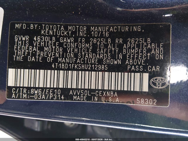 Продажа на аукционе авто 2017 Toyota Camry Hybrid Le, vin: 4T1BD1FK5HU212985, номер лота: 45043210