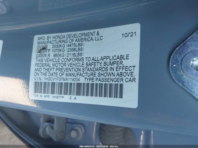 2021 Honda Accord Sport მანქანა იყიდება აუქციონზე, vin: 1HGCV1F37MA114004, აუქციონის ნომერი: 45043218