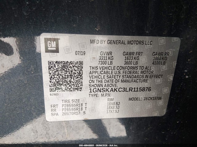 Aukcja sprzedaży 2020 Chevrolet Tahoe 4wd Ls, vin: 1GNSKAKC3LR115876, numer aukcji: 45043223