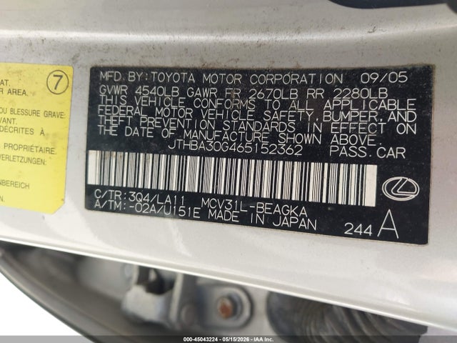 45043224 :رقم المزاد ، JTHBA30G465152362 vin ، 2006 Lexus Es 330 مزاد بيع