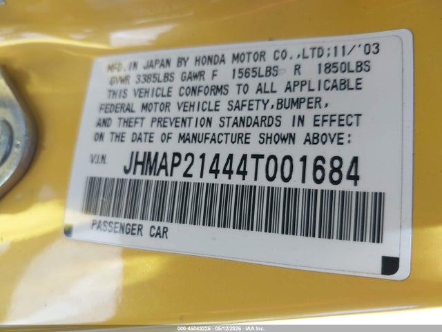 Aukcja sprzedaży 2004 Honda S2000, vin: JHMAP21444T001684, numer aukcji: 45043226