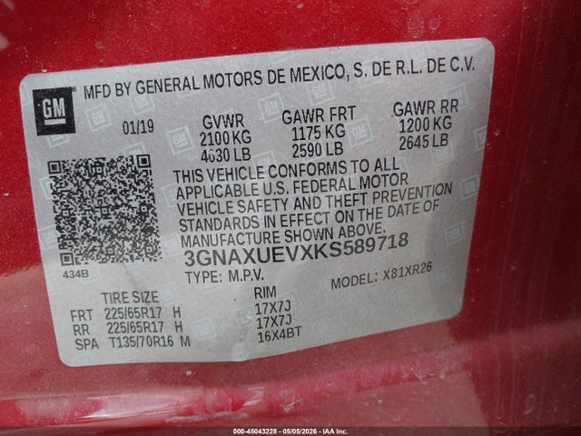 Aukcja sprzedaży 2019 Chevrolet Equinox Lt, vin: 3GNAXUEVXKS589718, numer aukcji: 45043228