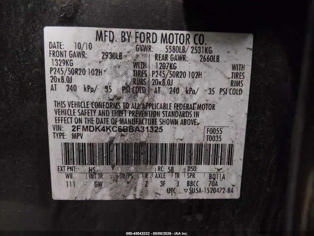 45043232 :رقم المزاد ، 2FMDK4KC6BBA31325 vin ، 2011 Ford Edge Limited مزاد بيع