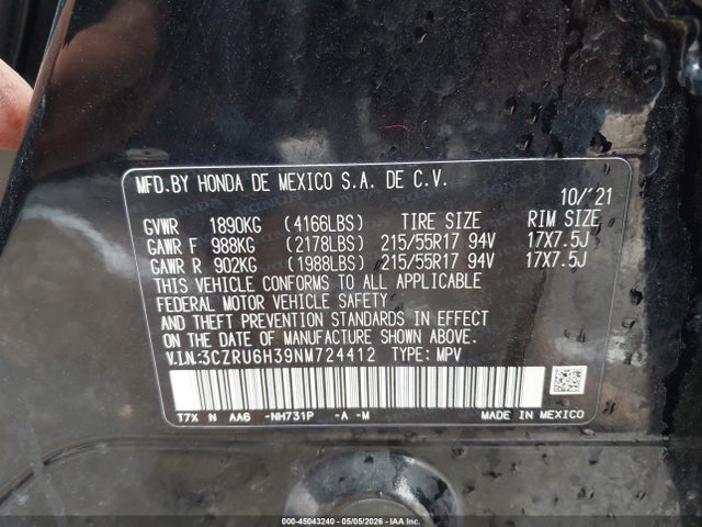 Aukcja sprzedaży 2022 Honda Hr-v Awd Lx, vin: 3CZRU6H39NM724412, numer aukcji: 45043240
