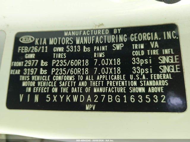 2011 Kia Sorento Sx V6 მანქანა იყიდება აუქციონზე, vin: 5XYKWDA27BG163532, აუქციონის ნომერი: 45043245
