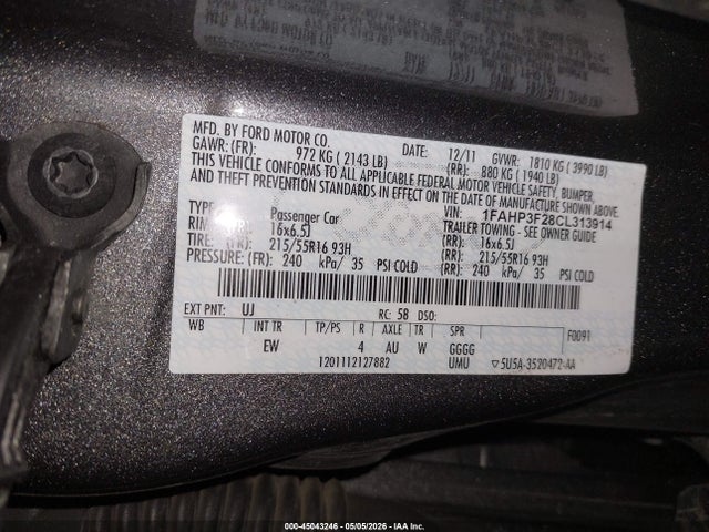 Продажа на аукционе авто 2012 Ford Focus Se, vin: 1FAHP3F28CL313914, номер лота: 45043246