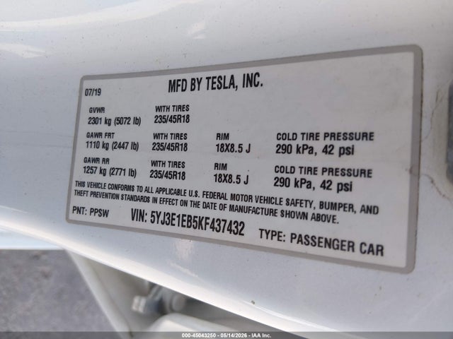 Продаж на аукціоні авто 2019 Tesla Model 3 Long Range/performance, vin: 5YJ3E1EB5KF437432, номер лоту: 45043250