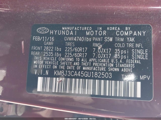 45043257 :رقم المزاد ، KM8J3CA45GU182503 vin ، 2016 Hyundai Tucson Se مزاد بيع