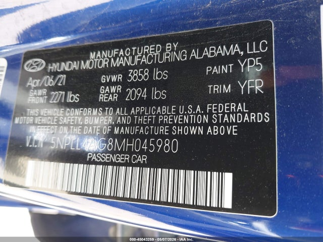 5NPLL4AG8MH045980 Hyundai ELANTRA SE