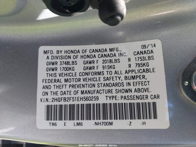 Aukcja sprzedaży 2014 Honda Civic Lx, vin: 2HGFB2F51EH560259, numer aukcji: 45043271