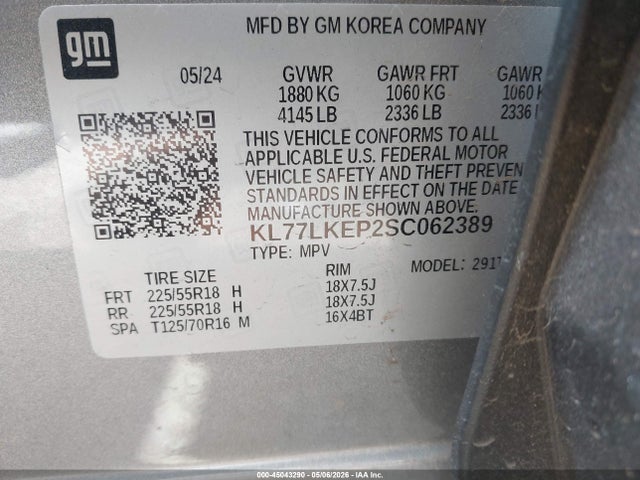 45043290 :رقم المزاد ، KL77LKEP2SC062389 vin ، 2025 Chevrolet Trax Fwd Activ مزاد بيع