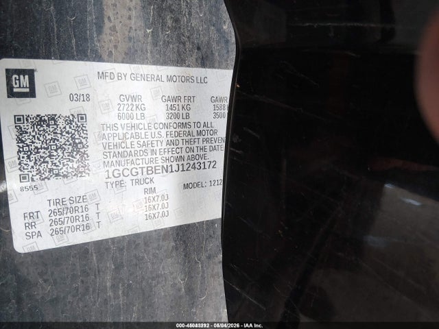 Aukcja sprzedaży 2018 Chevrolet Colorado Wt, vin: 1GCGTBEN1J1243172, numer aukcji: 45043292