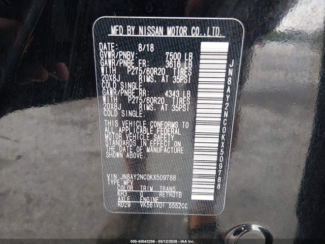 Aukcja sprzedaży 2019 Nissan Armada Sl, vin: JN8AY2NC0KX509788, numer aukcji: 45043296