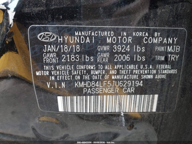 KMHD84LF5JU629194 Hyundai Elantra Value Edition
