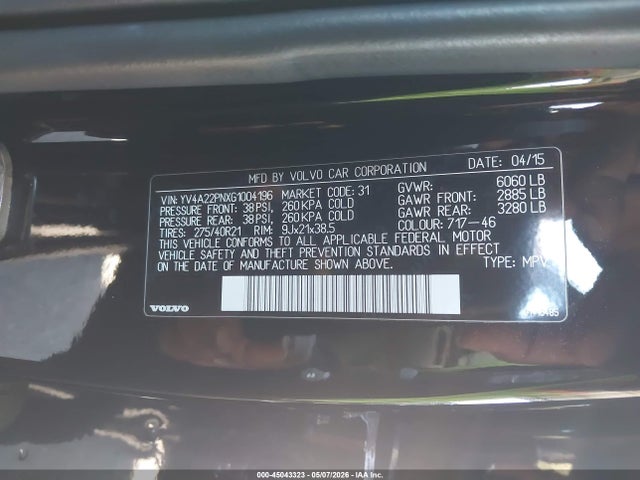 45043323 :رقم المزاد ، YV4A22PNXG1004196 vin ، 2016 Volvo Xc90 T6 First Edition مزاد بيع