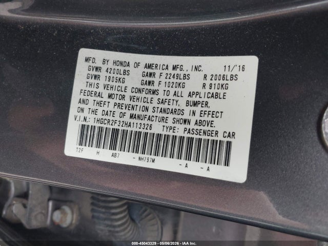 45043329 :رقم المزاد ، 1HGCR2F32HA113326 vin ، 2017 Honda Accord Lx مزاد بيع