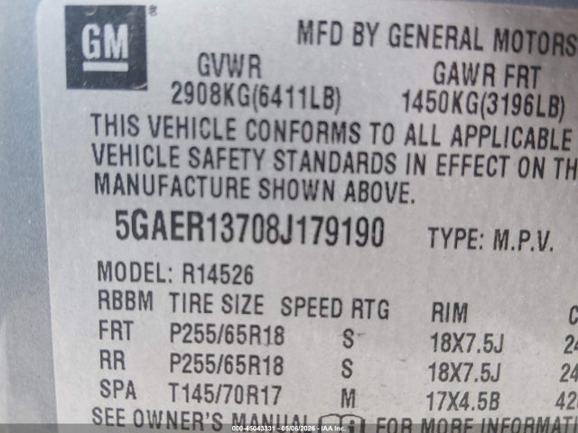 2008 Buick Enclave Cx მანქანა იყიდება აუქციონზე, vin: 5GAER13708J179190, აუქციონის ნომერი: 45043331