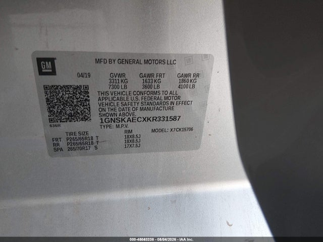 Продажа на аукционе авто 2019 Chevrolet Tahoe Ls, vin: 1GNSKAECXKR331587, номер лота: 45043338
