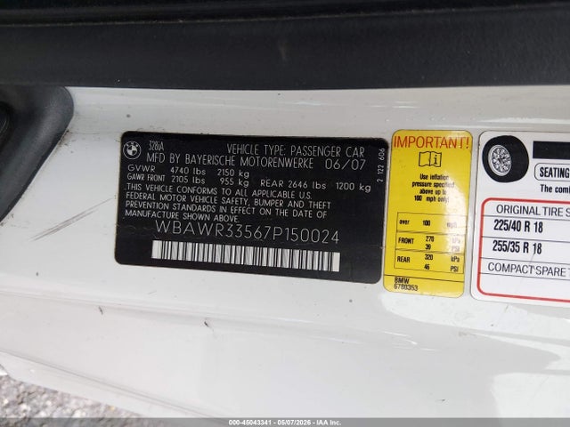 45043341 :رقم المزاد ، WBAWR33567P150024 vin ، 2007 Bmw 328i مزاد بيع