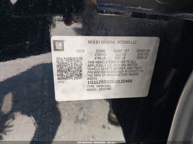 2019 Chevrolet Impala Lt მანქანა იყიდება აუქციონზე, vin: 1G11Z5S32KU132499, აუქციონის ნომერი: 45043344
