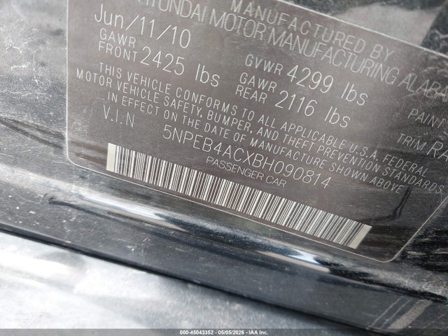 Продаж на аукціоні авто 2011 Hyundai Sonata Gls, vin: 5NPEB4ACXBH090814, номер лоту: 45043352